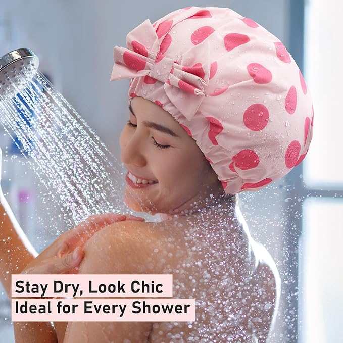 LitBear Luxury Silk Lined Shower Caps for Women Reusable Waterproof, Double Layered Large Bathing Hair Cap with Adjustable Elastic Strap, Non-slip, Quick-dry, for Long Short Hair, Pink Dots