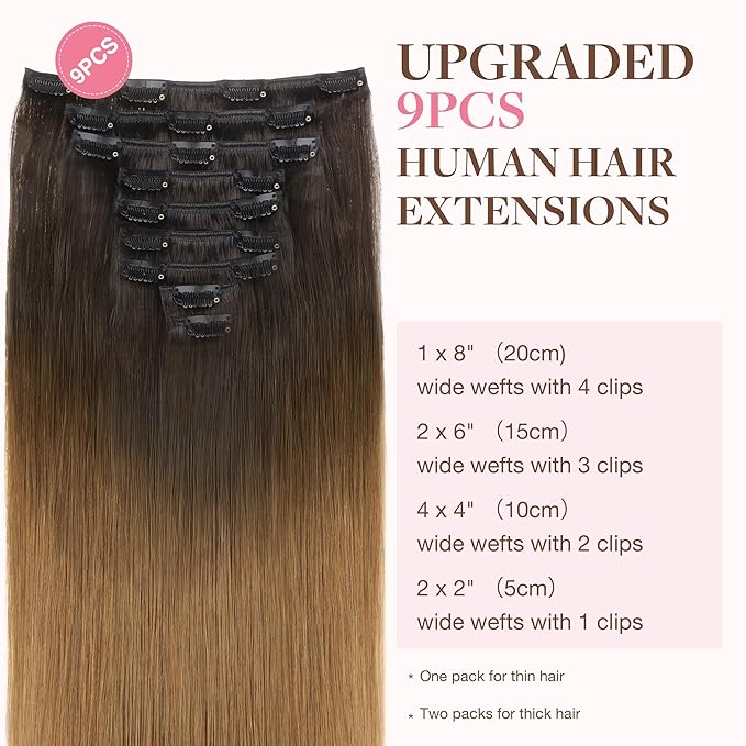 GOO GOO Clip in Hair Extensions Real Human Hair, Remy Human Hair Extensions Clip ins for Women, Natural Human Hair, 18inch 150g 9Pcs, 1D/2C/4E Chocolate Dip Color Melt