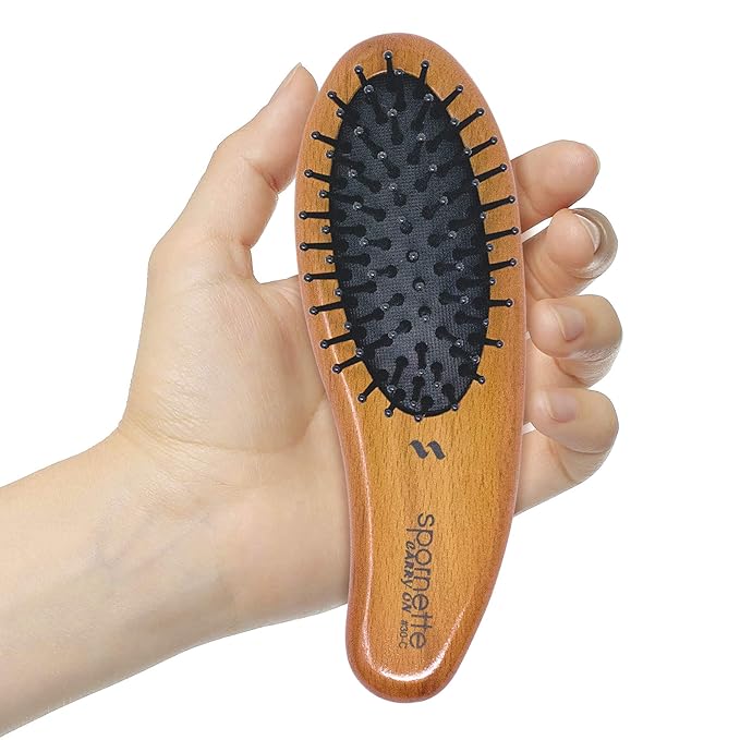 Spornette Carry On Wooden Handle Oval Cushion Mini Hair Brush #30-C Travel Size Brush Fits in Purse or Carry-On Bag for Quick Brush Outs, Detangling, Styling, Smoothing Thick, Normal & Thin Hair