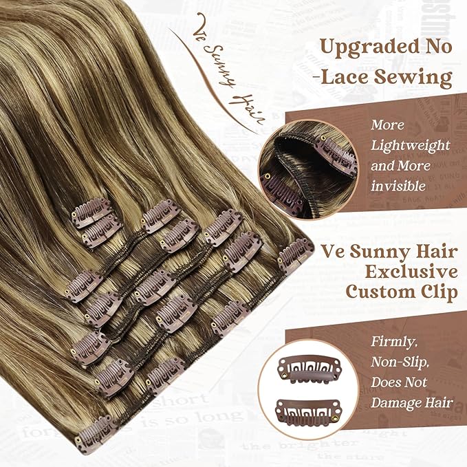Ve Sunny Human Hair Clip in Extensions Brown Highlights Clip in Hair Extensions Real Human Hair Brown with Blonde Thick End Remy Hair Clip Extensions for Women 120g 16inch 7Pcs