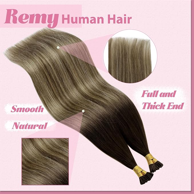 YoungSee I Tip Hair Extensions Balayage Itip Hair Extensions Real Human Hair Ombre Dark Brown to Blonde with Brown Itip Human Hair Extension 20 Inch Stick Tip Hair Extension 50g 50s