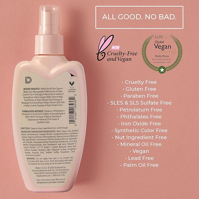 DAILY DOSE Award-Winning Clean Moisture Leave In Conditioner Spray Detangler for Dry, Damaged & Frizzy Hair. Instantly Softens, Smooths & Adds Shine for Kids & Adults. Vegan, Sulfate-Free, Color Safe