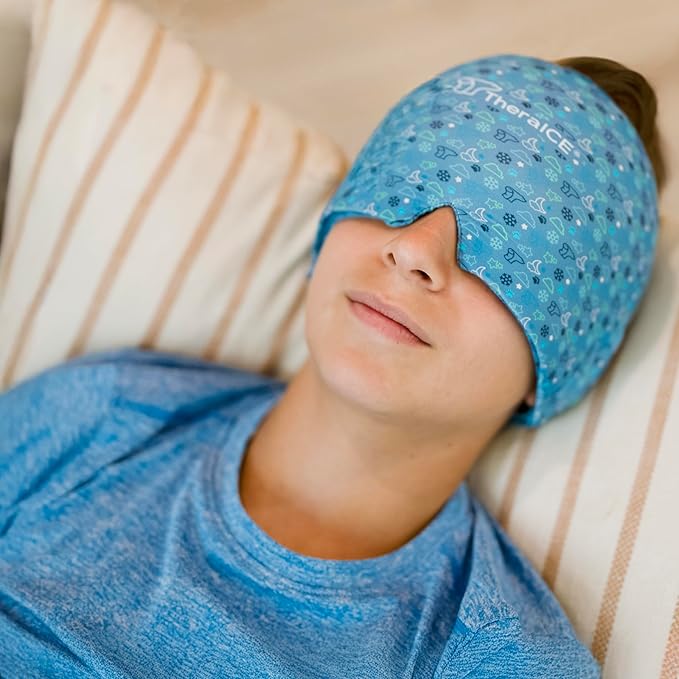 TheraICE Migraine Relief Cap Junior, Soothing Headache Boo Boo Ice Pack Mask Products, Cooling Gel Hat JR, Face Cold Compress Head Wrap for Bumps, Bruises and Cooling temperatures
