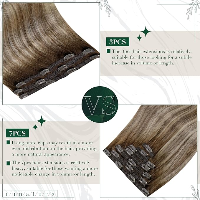 RUNATURE Clip in Hair Extensions Human Hair Balayage Clip in Human Hair Extensions for Women Soft Remy Natural Hair Straight 20 Inch 50g 3pcs #3/8/22 Walnut Brown to Blonde Balayage