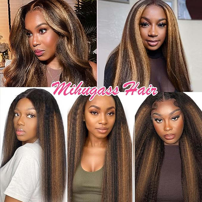 Kinky Straight Clip in Hair Extensions Real Human Hair For Women Highlight Hair Extensions Kinky Straight Clip ins (14inch,T1BP1B/30)