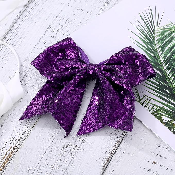 Large Glitter Cheer Bows Clips, Jumbo Big 7 Inch Cheerleading Sequin Hair Bow Hair Accessories for Teens Girls Football Sports Cheerleader Outfit Uniform (Dark Purple)