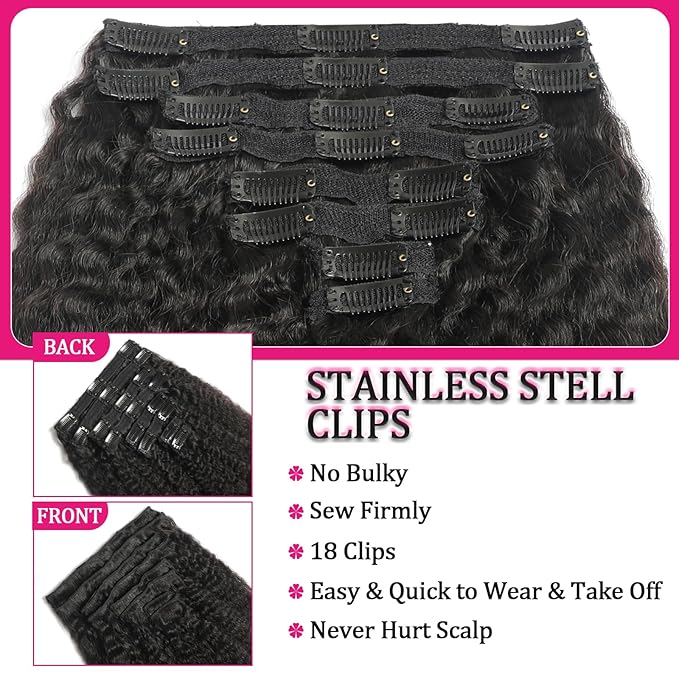 Straight Clip in Human Hair Extensions 110g 8Pcs with 18Clips Full Head for Black Women Natural Black Brazilian Clip in Hair Extension Human Hair Kinky Straight Clip Ins for Women（1B 18Inch）