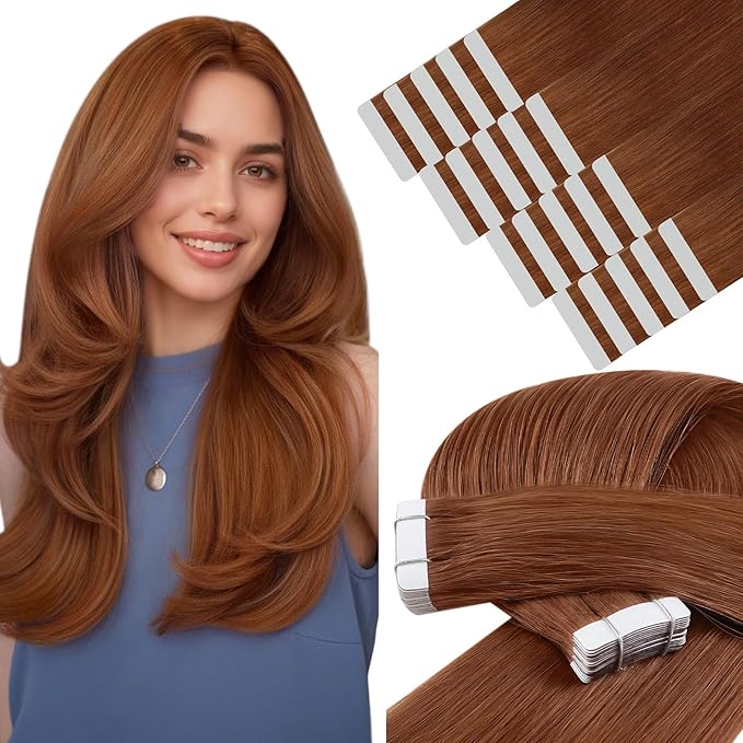 YoungSee Tape in Hair Extensions Copper Tape in Extensions Human Hair 14Inch Tape in Real Hair Extension Copper for Women 20Pcs 50G