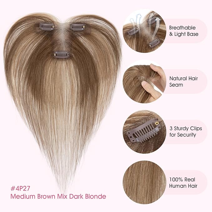 Hairro Human Hair Toppers with Side Bangs, 3D 360° Seamless Real Hair Toppers, Hand-Tied with 3.5"x4.7" T-shaped Base, Clip-In Hairpieces to Add Volume on Top, 11 Inch Medium Brown Mix Dark Blonde