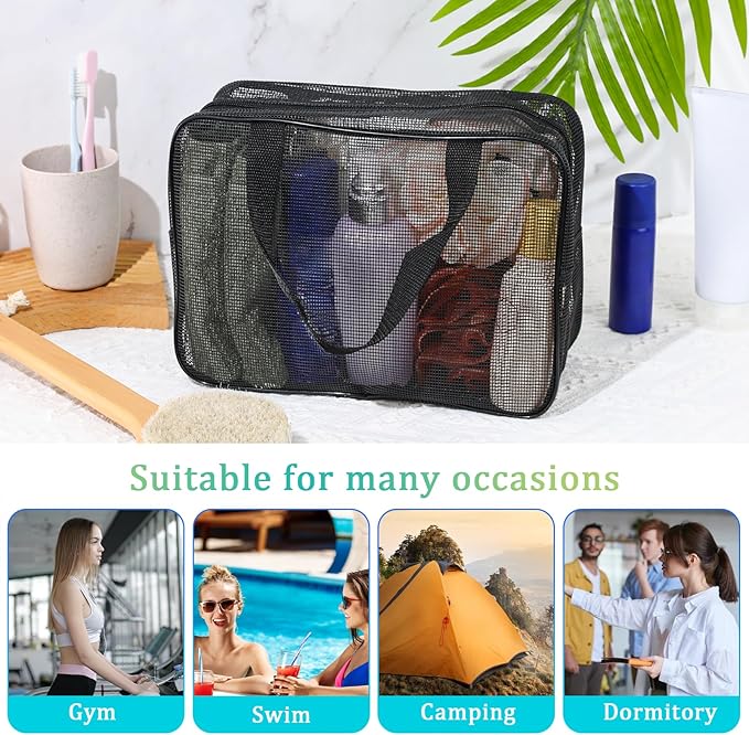 Mozeat Lens Portable Mesh Shower Caddy Bag - Black Dorm Toiletry Organizer Tote Quick-Dry Gym Shower Bag for Travel Camping College Dorm Room Bathroom