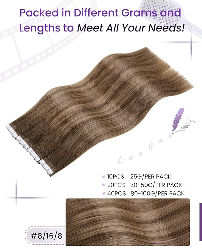LaaVoo Hair Extensions Tape in Human Hair Brown Tape in Hair Extensions Balayage Light Brown to Ash Brown Human Hair 40pcs 100g 22 Inch