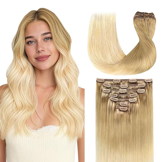 GOO GOO Clip in Hair Extensions Real Human Hair, Remy Human Hair Extensions Clip ins for Women, Natural Human Hair, 22inch 120g 7Pcs, #O7/60F