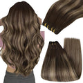 YoungSee Weft Hair Extensions Balayage Sew in Hair Extensions Dark Brown Ombre Caramel Blonde Mix Brown Human Hair Weft Extensions for Women 16Inch 100G