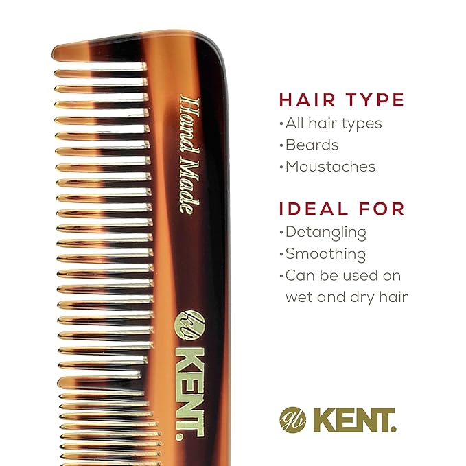 Kent OT Tortoiseshell Pocket Comb - Handmade Fine and Wide Tooth Hair Comb for Men, Women, and Kids - Travel, Beard, and Mustache Comb - Saw Cut and Hand Polished Made in England