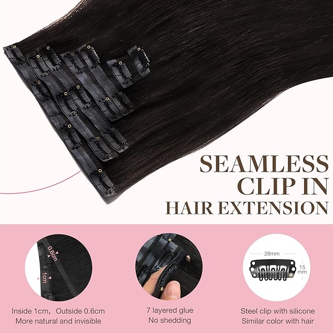 GOO GOO Clip in Hair Extensions Real Human Hair, Remy Human Hair Extensions Clip ins for Women, Natural Human Hair, 22inch 110g 7Pcs, 2 Dark Brown