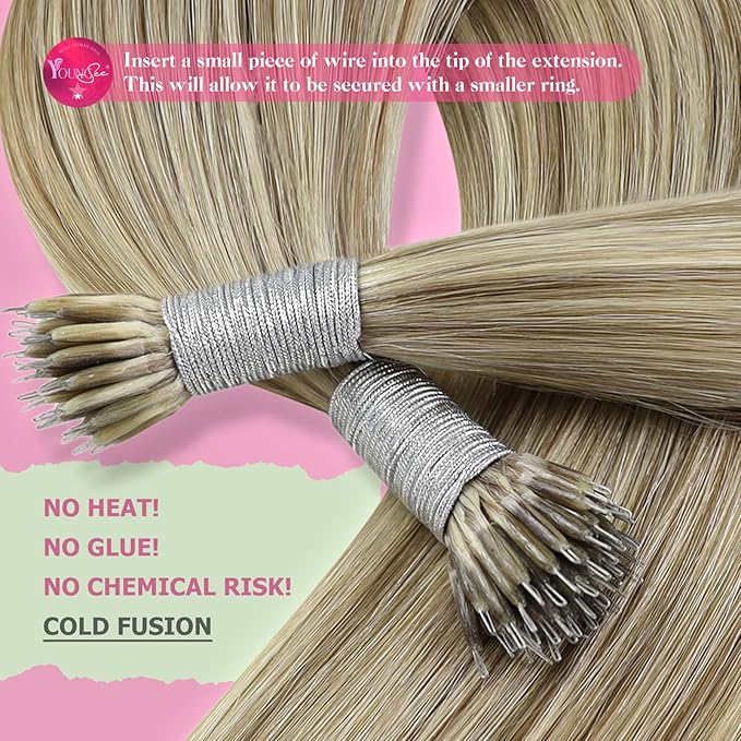 YoungSee Nano Ring Hair Extensions Highlight Light Brown Nano Bead Hair Extensions Real Human Hair Light Brown Highlight Platinum Blonde Nano-tip Hair Extension Smooth Texture 22inch 50s 50g