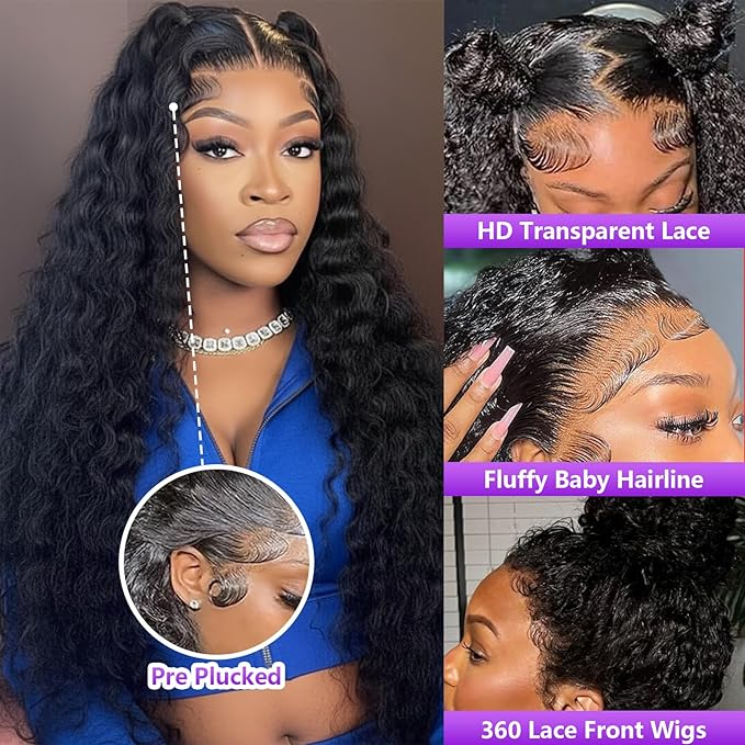 360 Deep Wave Lace Front Wigs Human Hair 200% Density 360 HD Lace Front Wigs Deep Wave Pre Plucked With Baby Hair Curly Full Lace Wig with Adjustable Straps for Women (20 Inch)