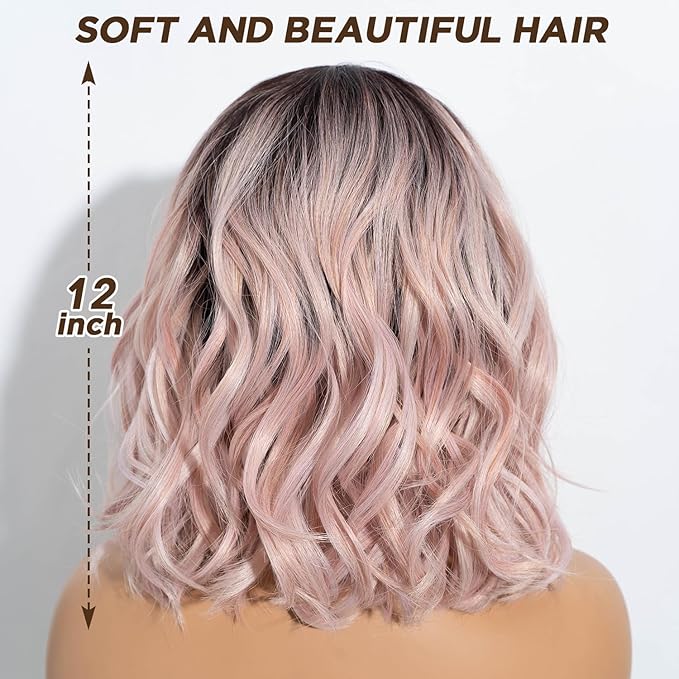 NOBLE Pink Wig with Bangs Short Ombre Pink Bob Wigs for Women Colorful Short Wavy Wigs Heat Resistant Synthetic Bob Wigs with Dark Roots for Daily Party Use