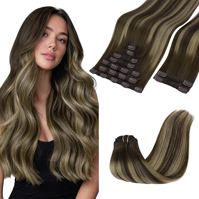 GOO GOO Clip in Hair Extensions Real Human Hair, Remy Human Hair Extensions Clip ins for Women, Natural Human Hair, 22inch 150g 9Pcs, 4/26/4 Balayage Chocolate Brown to Honey Blonde