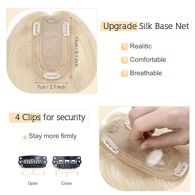 SEGO Human Hair Toppers for Women With Thinning-Hair, 7 * 13CM Silk Base 100% Real Human-Hair Clip in Top Wiglet Hair-Pieces //6 Inch No Bangs Platinum Blonde