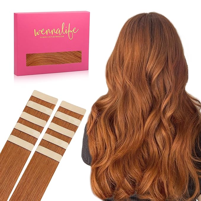 WENNALIFE Tape in Hair Extensions Human Hair Dirty Ginger 10pcs 30g 24 inch Remy Invisible Tape Ins Straight Colored Soft Real Human Hair Tape in Extensions Refill Set Extensions