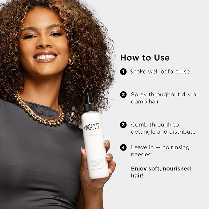 Style Factor WIGOUT Leave-In Conditioner Spray – Lightweight Hydrating & Conditioning Mist Controls Frizz, Adds Shine & Softness For Dry Damaged Hair No-Rinse Formula for All Hair Types - Amber