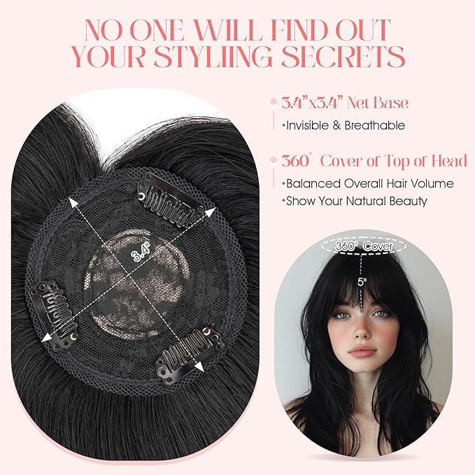 Hairro Mono Hair Toppers with Bangs, 3.4" x 3.4" Mono Base 100% Real Human Hairpieces for Women, 150% Density Clips In Topper for Greyish Thinning Hair, 16 Inch Jet Black