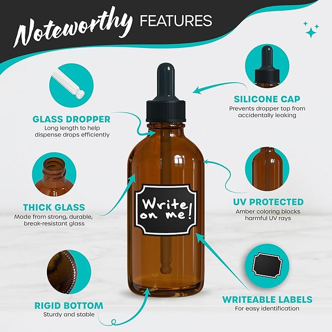 Nevlers 4 oz Amber Glass Dropper Bottle 24 Pack | Glass Tincture Bottles with Dropper for Oils, Medicine & Serums | Leakproof Amber Bottles Set w/Label Stickers, Marker, Funnel, Brush & Shrink Wrap
