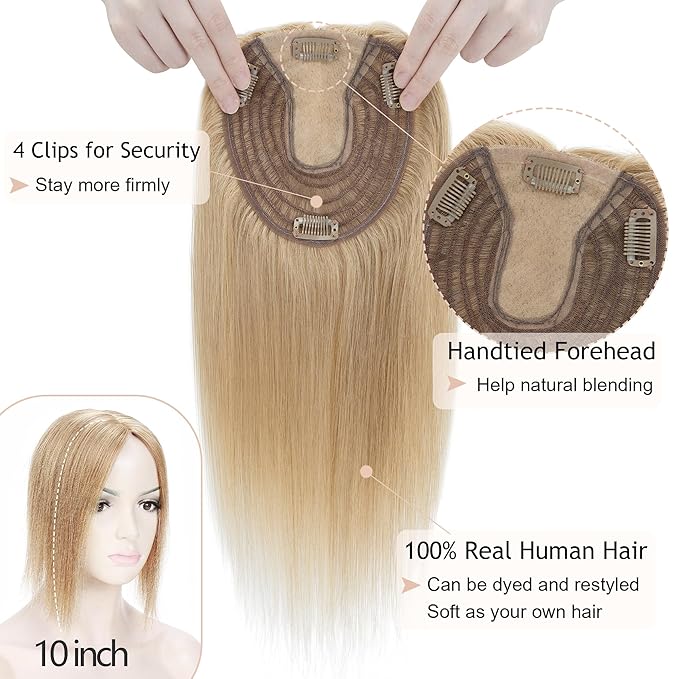 Hair Toppers for Women Real Human Hair No Bangs, 13 * 15 cm Larger Silk Base 150% Density Clip In Topper Hairpieces, Wiglet Top Pieces Add Volume -14 Inch 27 Dark Blonde