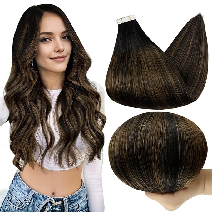 Full Shine Balayage Tape In Hair Extensions Real Human Hair 12 Inch Seamless Skin Weft Tape In Hair Extensions Soft Remy Add Volume 1B Off Black And 6 Chestnut Brown 30 Gram 20 Pcs