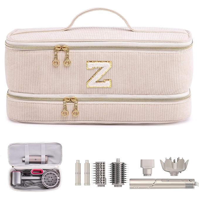 Initial Personalized Hair Tools Travel Bag Double-Layer Hair Dryer Case Compatible with Shark FlexStyle/SmoothStyle, Dysson Airwrap & Supersonic – Hair Tool Organizer for Travel & Home