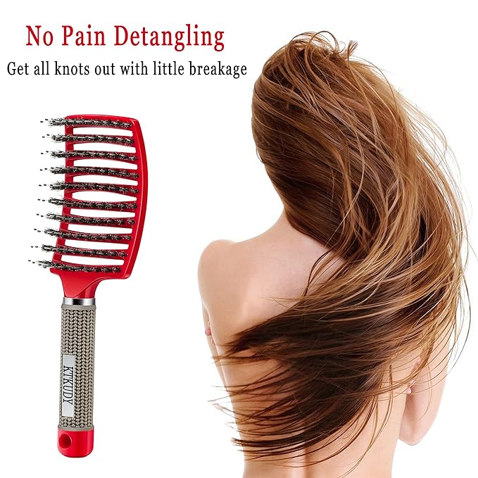 Detangling Brush Boar Bristles Set KTKUDY Hair Brush Curved and Vented Detangler Brush for Women Men Kids Wet and Dry Hair (Red&Black)