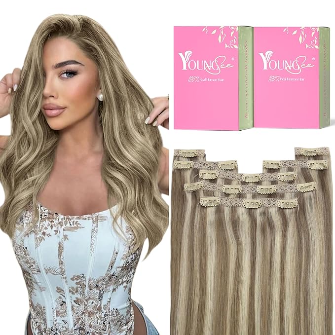 YoungSee Highlights Clip in Hair Extensions Human Hair Brown Highlight Clip in Extensions Light Brown with Blonde Real Hair Extensions Clip in Human Hair Easy to Wear 7Pcs 120G 20Inch
