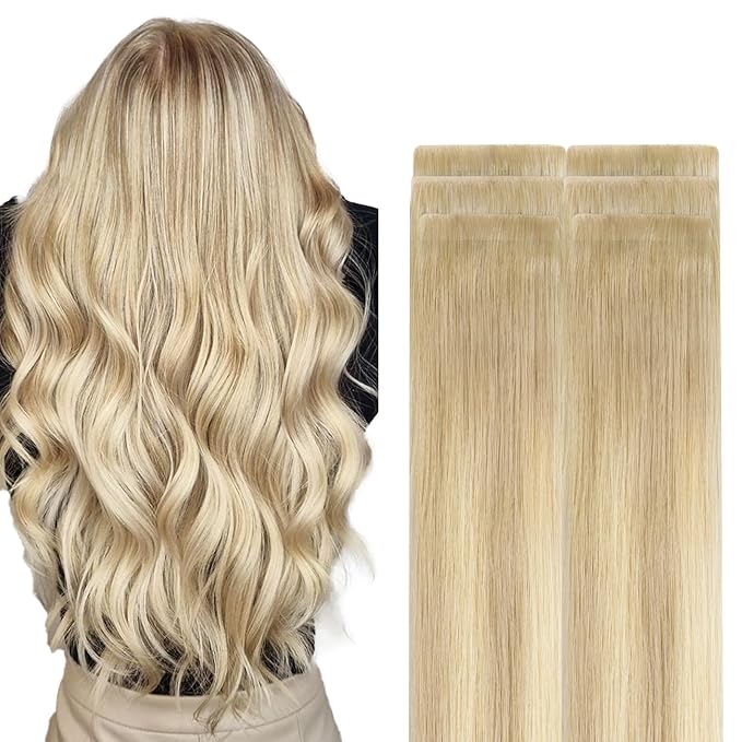 GOO GOO Invisi Edge Tape in Hair Extensions Human Hair, 18ET90A Natural Blonde Balayage, 6pcs 18inch 15g, Virgin Remy Hair, Seamless Injected Tape, Natural Look