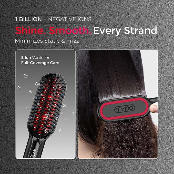 TYMO Hair Straightener Brush - Upgraded Ionic Compact Straightening Brush for Women with Wave-Design Bristles, Fast, Smooth Styling, Lightweight Hot Comb & Travel Flat Iron, 1 Billion Ions, Black