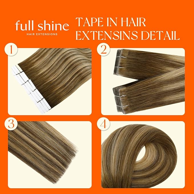 Full Shine Machine Remy Tape in Hair Extensions 20 Inch Color 4/24/4 Brown Fading to Blonde and Brown Real Skin Weft Tape in Extensions Human Hair 50G Double Sided Brazilian for Wedding 20Pcs