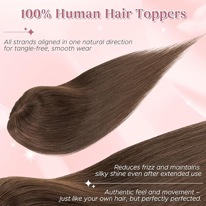 Real Human Hair Toppers for Women 3.54"*4.72" Silky Base 150% Density No Bangs Adjustable Parting Clip-In Topper Hairpieces for Women with Thinning Hair 14 Inches Dark Brown