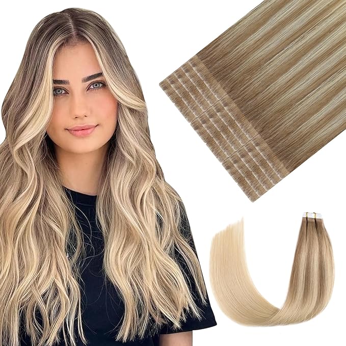 Youngsmile Injection Tape in Hair Extensions Human Hair #8T60 Ash Brown to Platinum Blonde 20pcs 40g 18 Inch Balayage Injected Seamless Tape in Hair Extensions Straight Remy Human Hair (#8T60,18'')