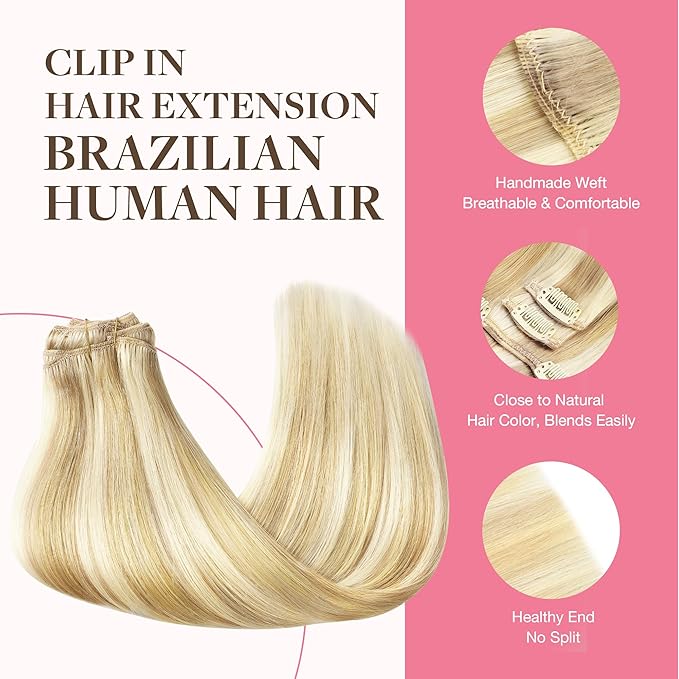 GOO GOO Clip in Hair Extensions Real Human Hair, Remy Human Hair Extensions Clip ins for Women, Natural Human Hair, 16inch 150g 9Pcs, 18D/22F Dirty Blonde Highlights