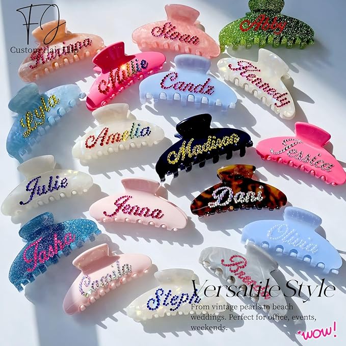 Personalized Colorful Name Hair Claw Clips for Women,Custom Hair Clips with Diamond,Cute Hair Accessories 4",Handmade Rhinestones Hair Clamp Gifts for Mom,Bride,Wife,Bridesmaid（Jelly White Glitter）