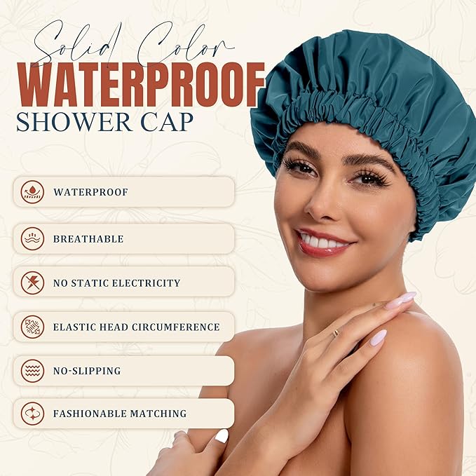 Reusable Shower Cap for Women, Stylish Large Waterproof Shower Bonnet Washable Wide Elastic Band Hair Cap for Long Hair, Braids Bath Hat(Bamboo Moon Blue)