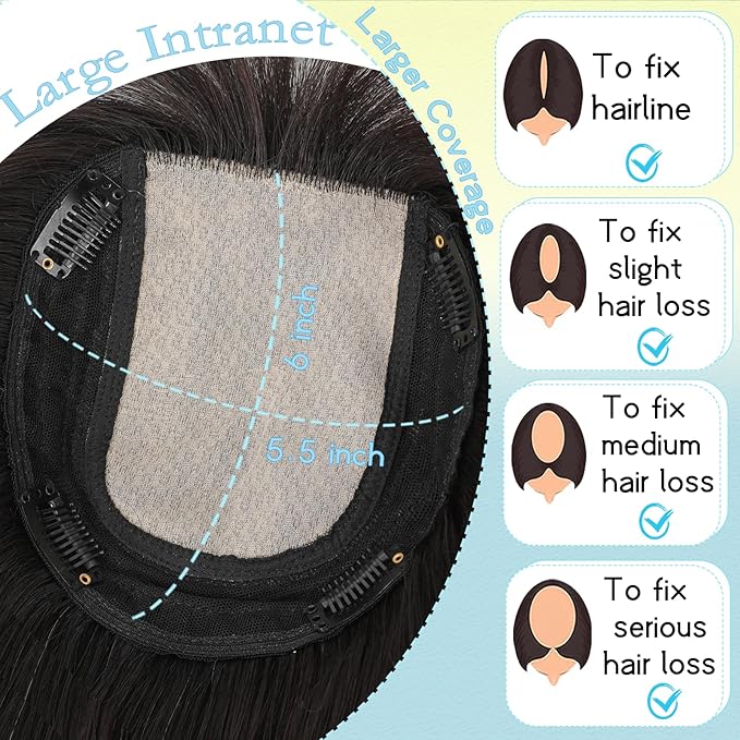 Hair Toppers for Women Real Human Hair, 360° 3D Toppers Pieces for Women with Thinning Crown Wispy Bangs 14 Inch Upgrade Big Basement (Natural Black, 14 Inch Wispy Bangs)