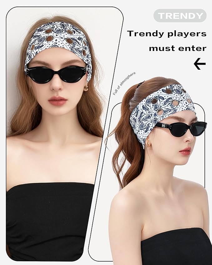 Grommet Headband for Women, White Paisley 23cm Hollow Out Elastic Hair Band, Eyelets Punk Grunge Stylish Hairband
