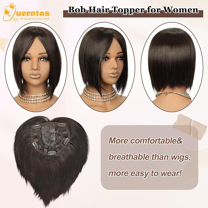 QUEENTAS Brown Hair Topper for Women with Thinning Hair Pieces 6"*6"Large Coverage 360°3D Cover Silver Synthetic Short Bob with 5 Clips in Wiglets(Brown)