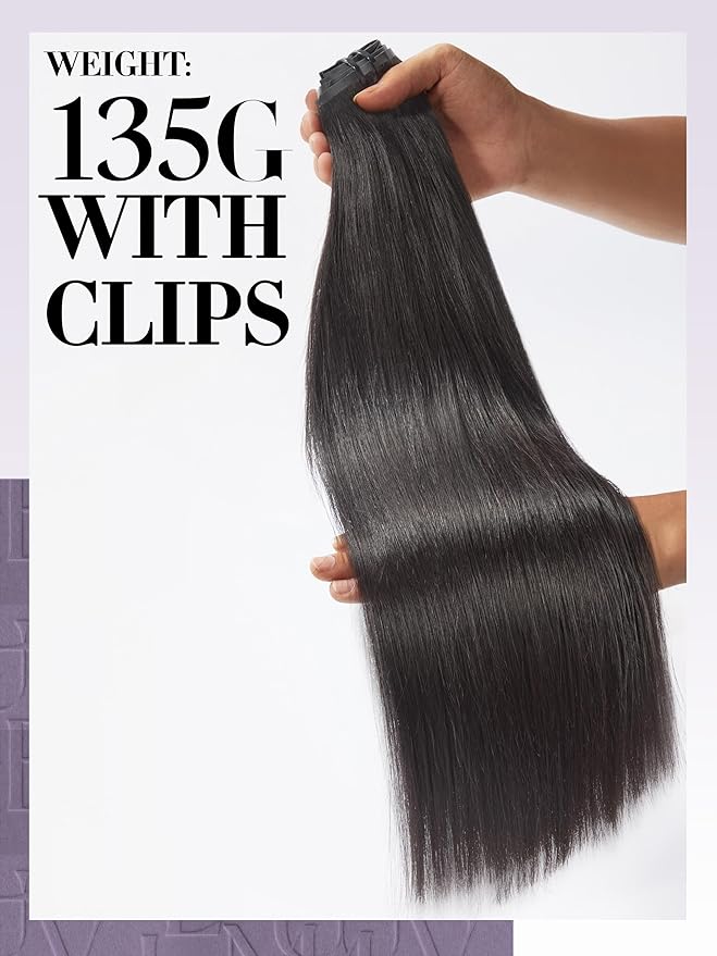 LUVME Clip in Hair Extensions, Yaki Straight Human Hair Clip in Extensions for Women, Natural Black Hair Extensions, 135g 9pcs 18 Inch