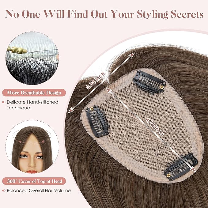 Hairro Human Hair Toppers Free Parted, 3.5x4.7" Base Hand-wovened 100% Real Hairpieces, with Invisible Clips-in for Women, for High Hairline/Adding Volume on Top, 16 Inch Cocoa Brown