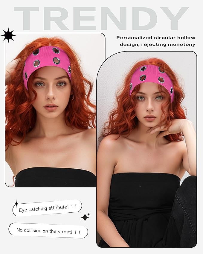 Grommet Headband for Women, Hot Pink 23cm Hollow Out Elastic Hair Band, Eyelets Punk Grunge Stylish Hairband