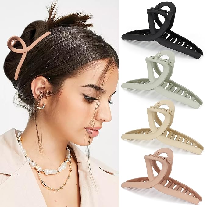 Big Hair Claw Clips Large Butterfly Hair Claws for Women 5.1" Oversize Matte Hair Clips for Long Thick/Thin Hair Accessories for Girl's 4 PCS (Black, khaki, Pink,Green)