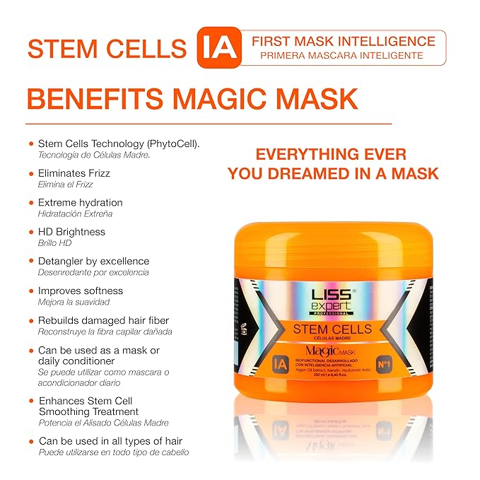 Liss Expert Stem Cells Smoothing Treatment 16.2 oz and Magic AI Mask, 8.45 oz Set Hyaluronic Acid, Collagen, Argan Oil, Keratin and Stem Cells for after care