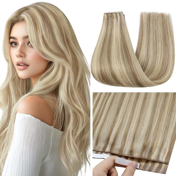 Full Shine Tape in Weft Hair Extensions Human Hair Color 16 Highlight 22 Blonde Genius Pu Genius Weft Double Sided Tape in Weft Invisible Tape ins Extensions 18Inch 50G One Piece for Daily Office Look